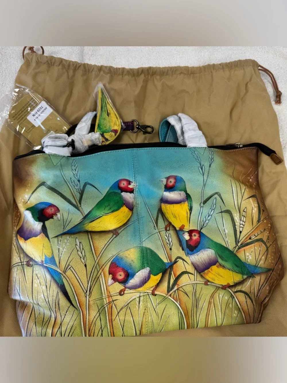 Anuschka Gouldian Finch Tote Bag - Green/Yellow/Blue, Firm price